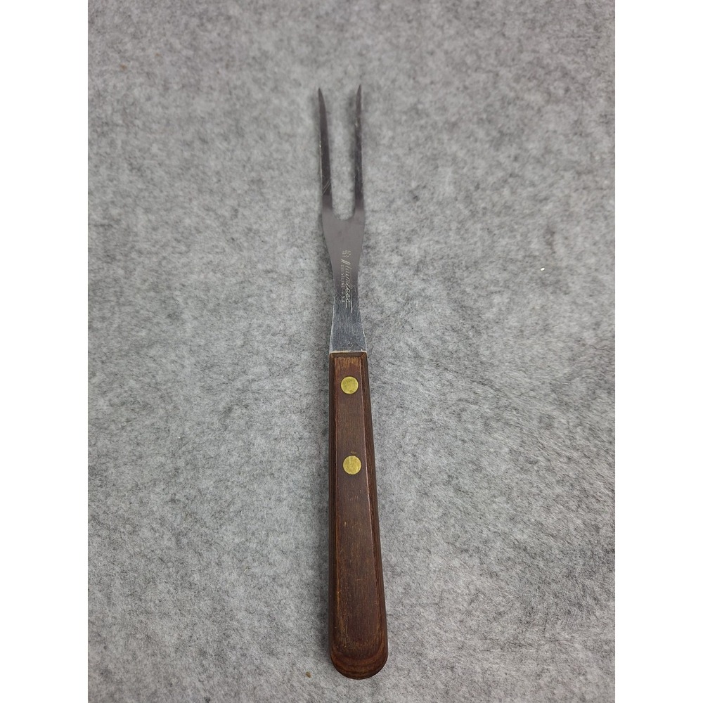 Vintage Crestline Stainless Steel 2 Prong  Serving Fork with Wood Handle USA 9"